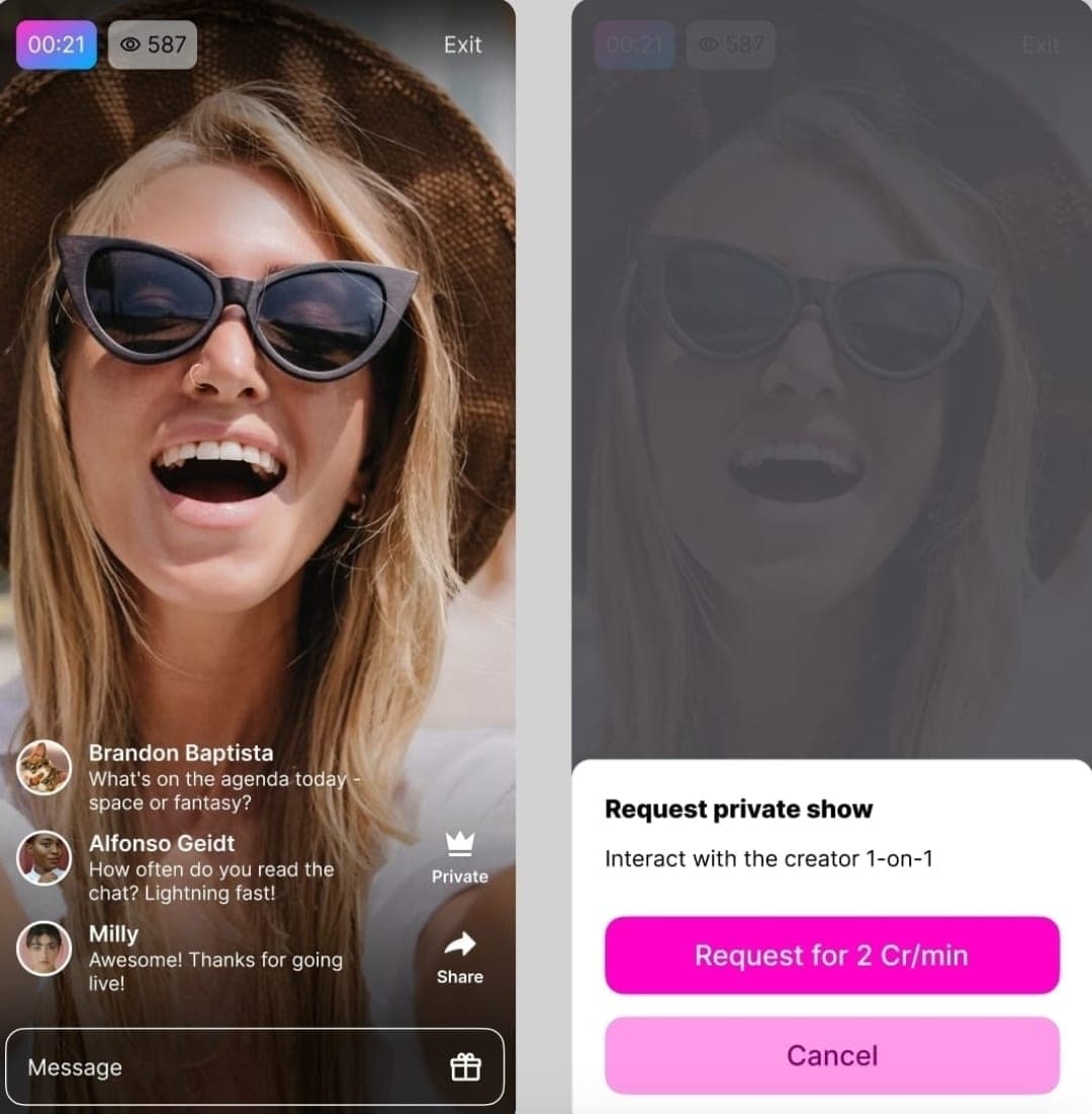 Schermata originale di una Live CiaoFan con chat in tempo reale