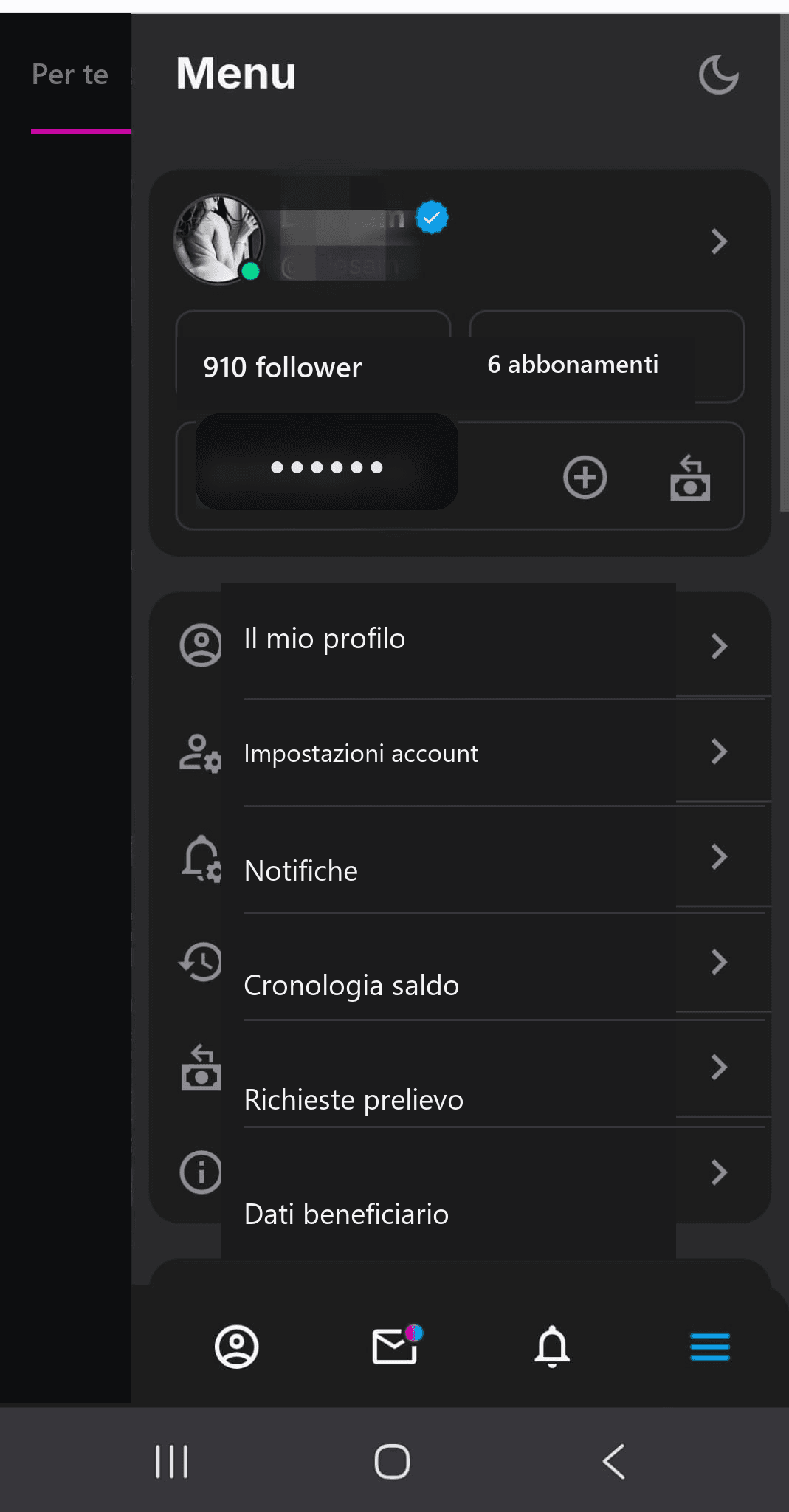 Schermata reale del menu e delle notifiche CiaoFan