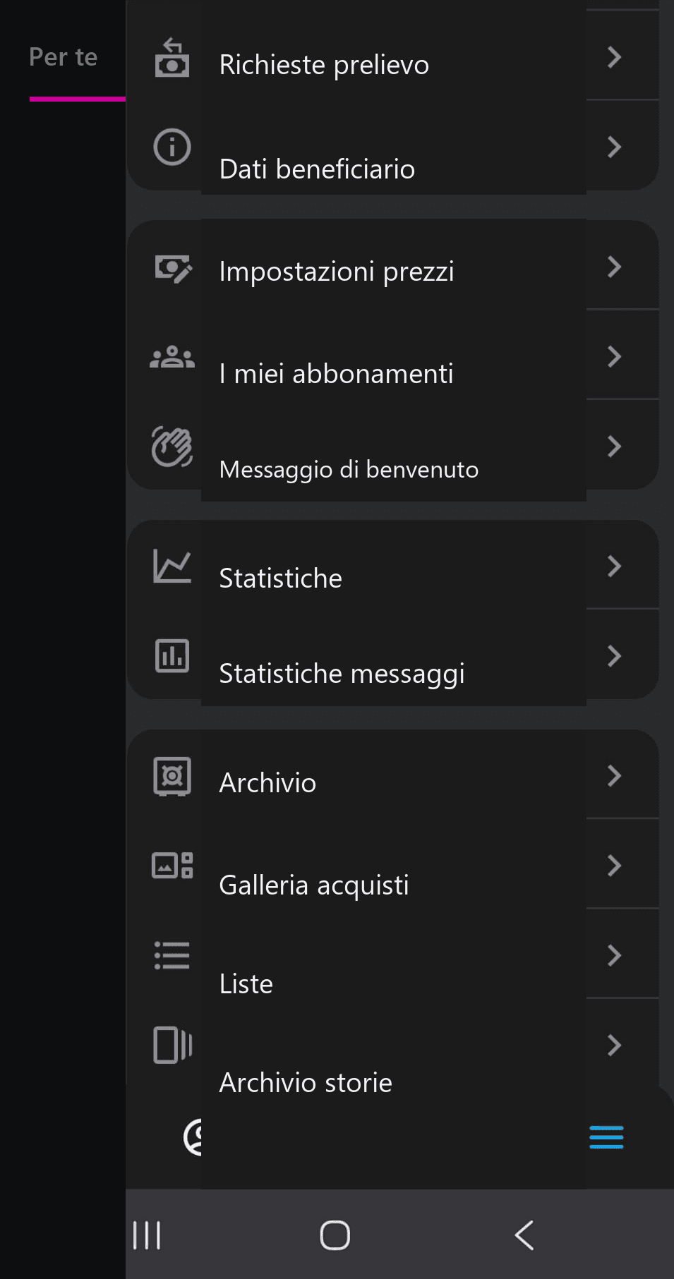 Schermata reale dei servizi Creator CiaoFan