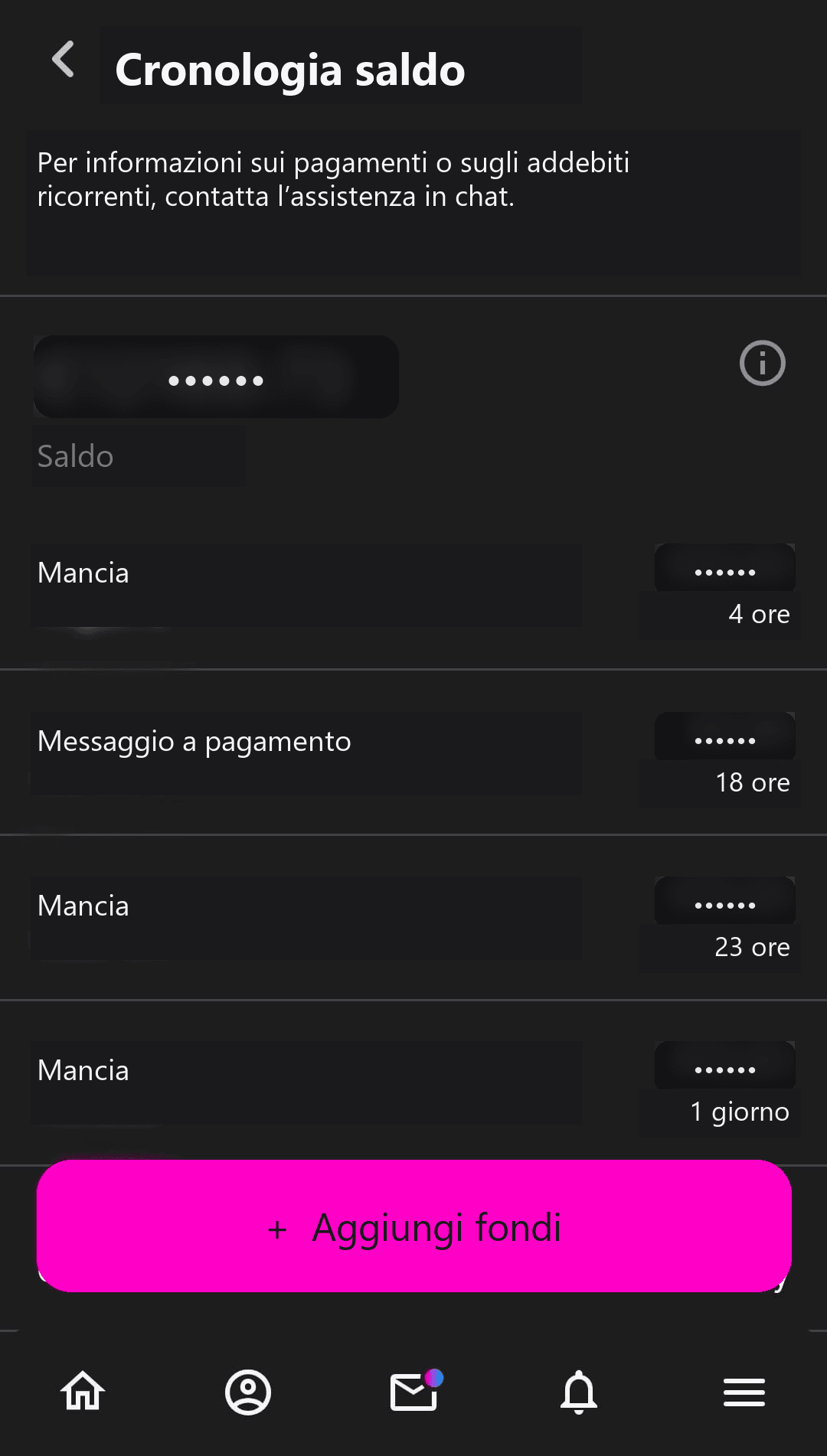 Schermata reale del Wallet CiaoFan con importi oscurati